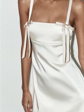 Zara White Satin Spaghetti Strap Midi Dress with Bow Detail